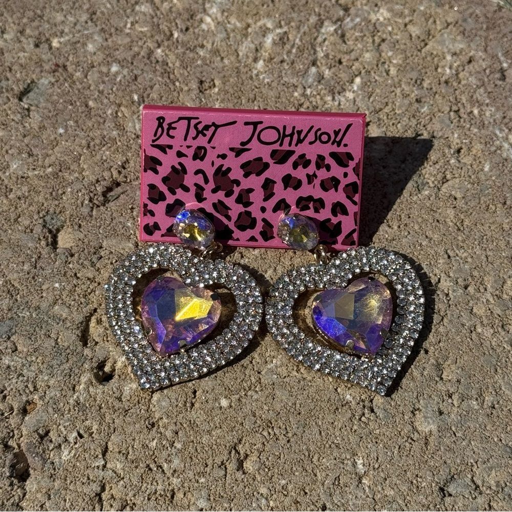 EARRINGS! Betsey Johnson Double AB Heart and Gemstone Earrings BNWT - Picture 3 of 5